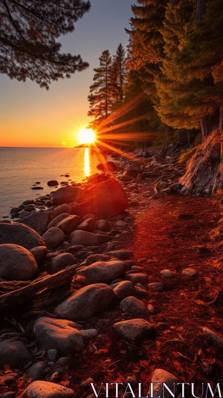 Captivating Sunrise on Rocky Beach Overlooking Lake