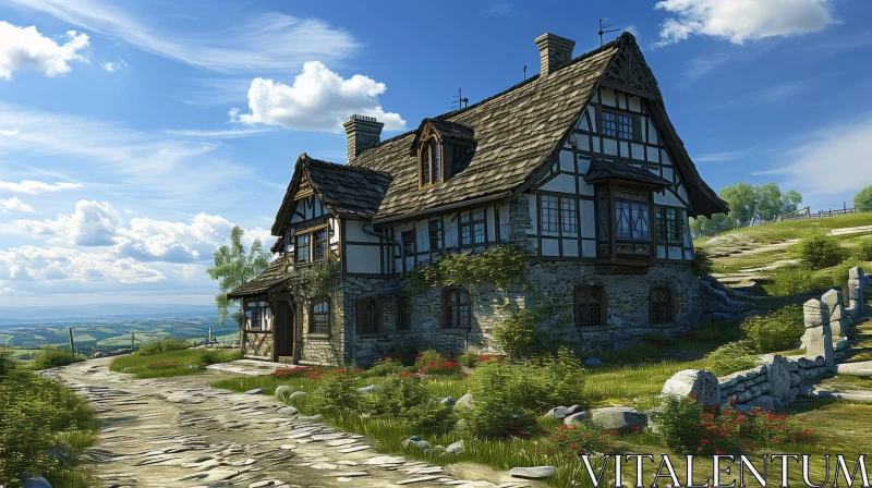 Charming Stone House in Rural Setting | Digital Painting AI Image