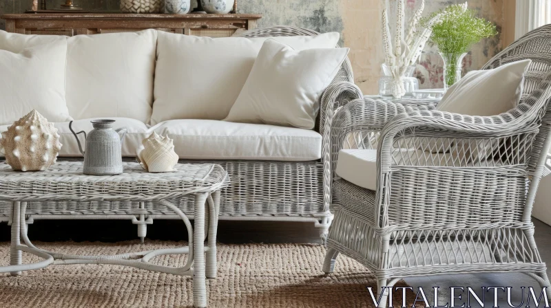 Coastal Living Room with White Wicker Furniture AI Image