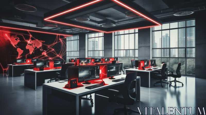 Dark Office Space with Red Neon Lights and City Skyline View AI Image