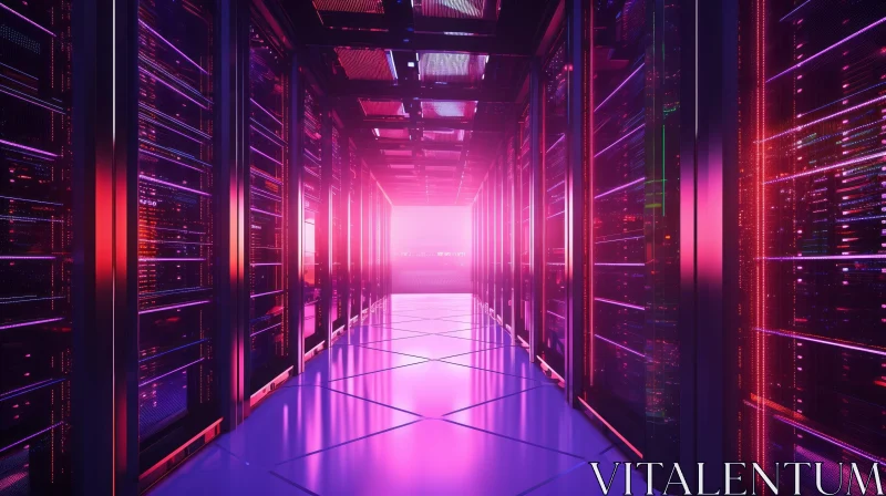 Futuristic Server Room Corridor with Pink and Purple Lights AI Image