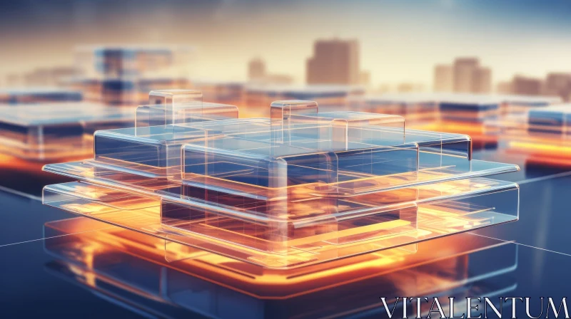 Glass Cityscape 3D Rendering with Warm Orange Light AI Image