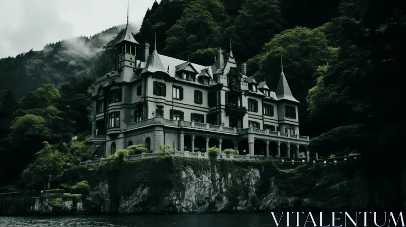 Haunting Elegance: A Dark Castle by the Water AI Image