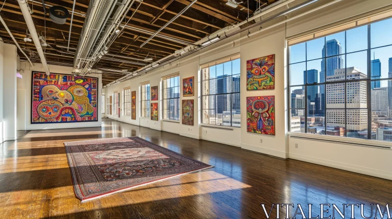 Inviting Interior: Abstract Paintings, Natural Light, and City Skyline AI Image