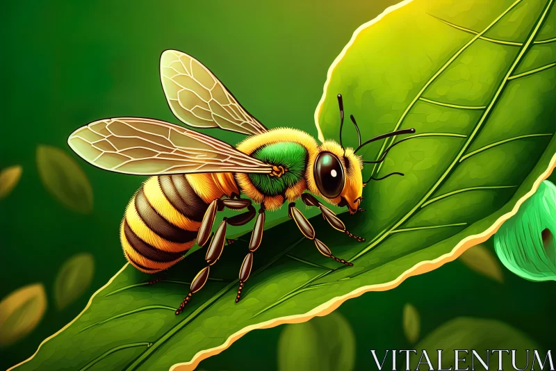 Realistic Bee on Elm Leaf - Detailed Vector Painting AI Image