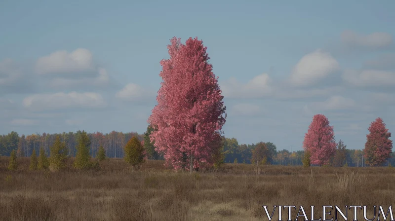 Rural Autumn Landscape with Pink Tree in Full Bloom AI Image