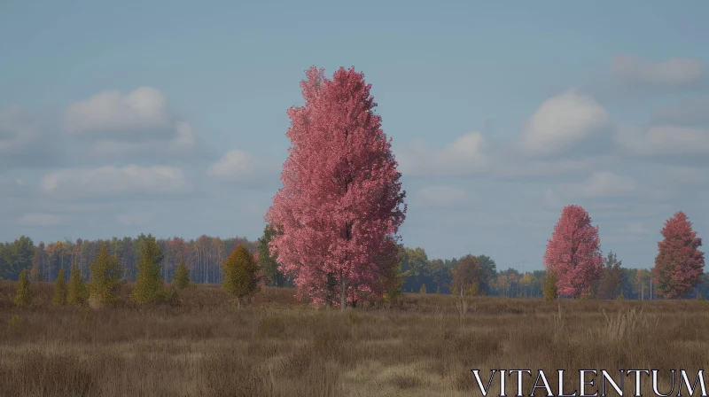 Rural Autumn Landscape with Pink Tree in Full Bloom