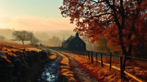 Serene Autumn Landscape: Rural Road with Vibrant Trees