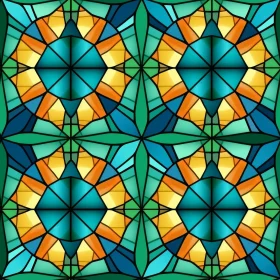 Symmetrical Stained Glass Window Pattern in Blue, Green, and Yellow