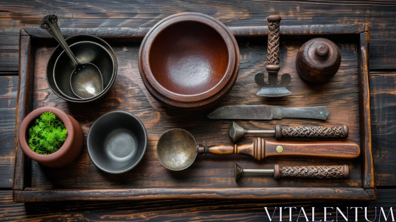 Vintage Wooden Tray with Vintage Kitchen Utensils on Dark Wooden Background AI Image