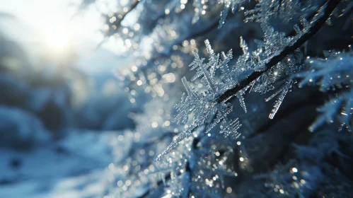 Winter's Beauty: Delicate Frost and Snow Crystals on a Tree Branch
