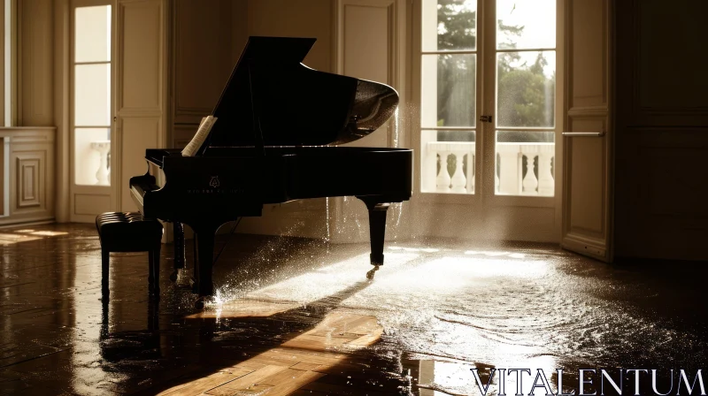 Black Grand Piano in Flooded Room: A Captivating Still Life AI Image