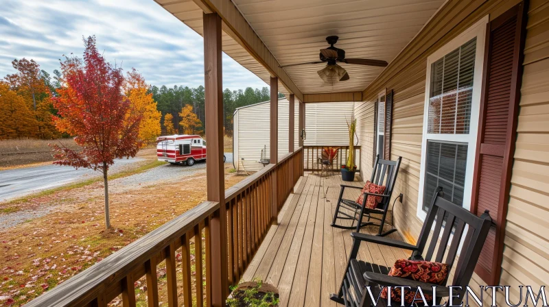 Captivating Front Porch Scene with Rocking Chairs and Autumn Landscape AI Image