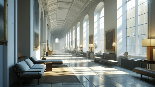 Elegant Long Hallway with Paintings and Marble Floor