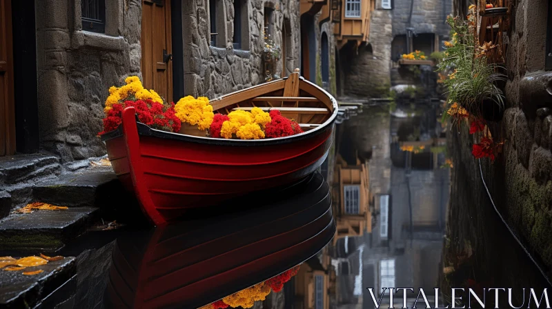 Enchanting Red Boat with Flowers in Serene Scottish Landscapes AI Image