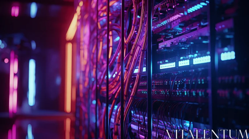 Futuristic Server Room with Pink and Blue Lights AI Image