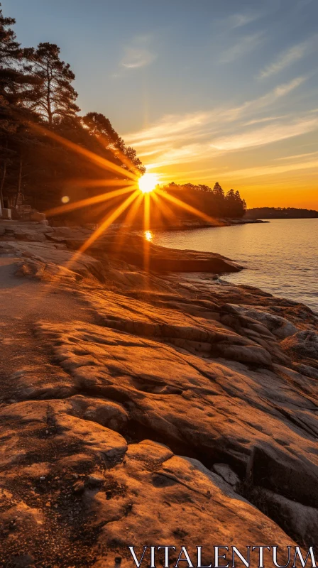 Golden Sunset at the Seaside: A Breathtaking View of Norwegian Nature AI Image