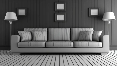Minimalistic Living Room 3D Rendering | Striped Sofa and Black White Frames