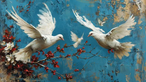 Peaceful Painting of Two White Doves in Flight