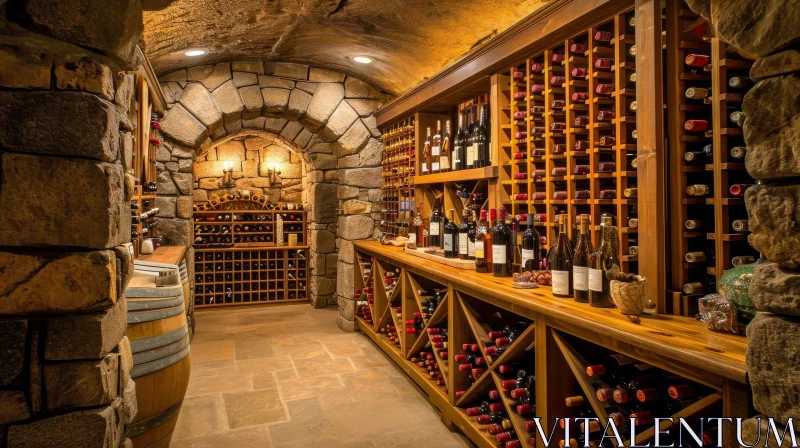 Rustic Wine Cellar with Wooden Rack and Stone Walls AI Image