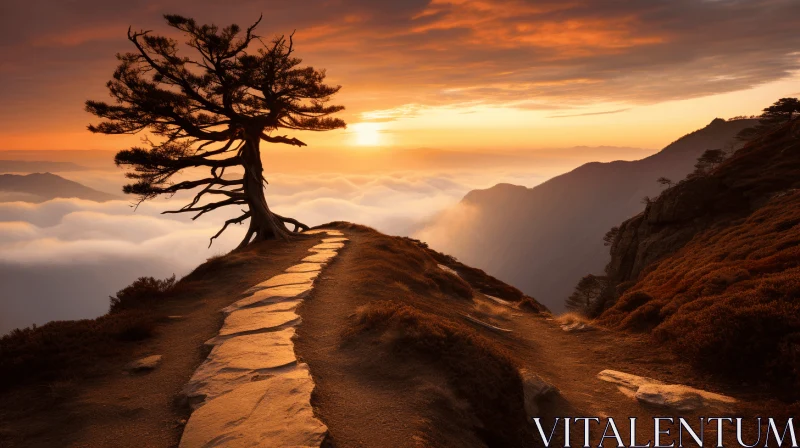 Serene Tree on Path Against Mountain Sky at Sunset - Ancient Chinese Art Inspired AI Image