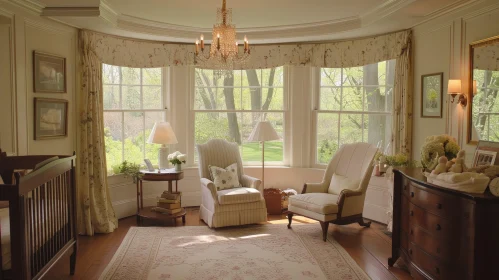 Stunningly Decorated Nursery with Bay Window View