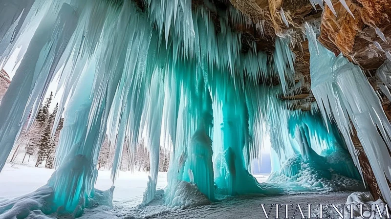 Captivating Ice Cave: A Frozen Wonderland of Blue-Green Icicles AI Image
