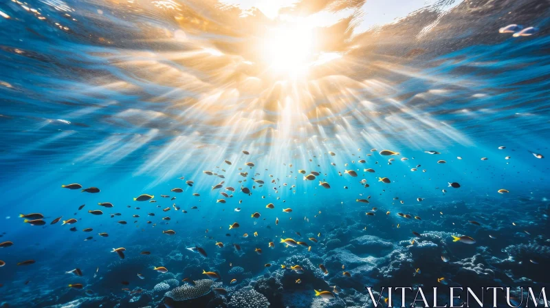 Captivating Underwater Scene: School of Fish and Sunlight AI Image