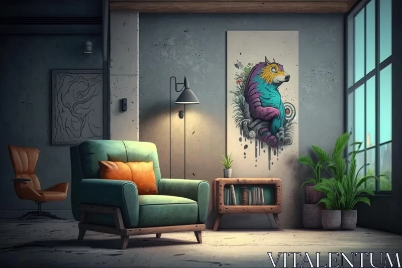 Contemporary Living Room with Chair and Parrot | Graffiti-Inspired Mixed Media AI Image