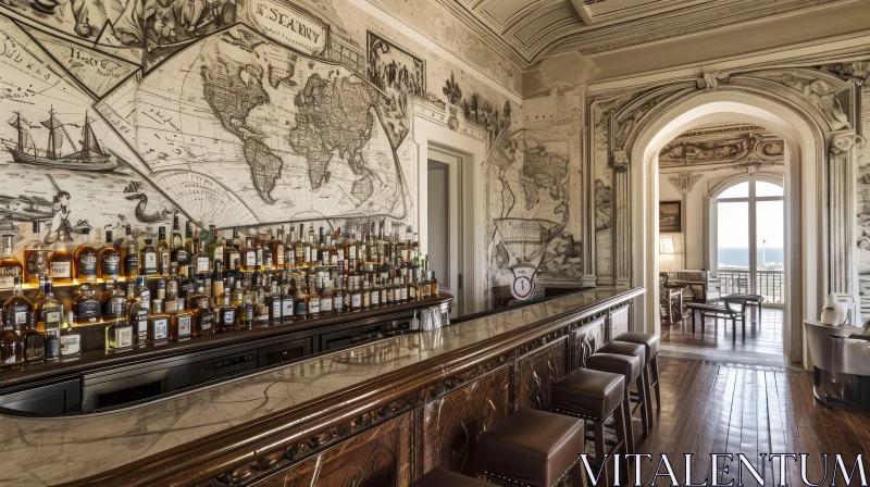 Cozy and Inviting Bar with World Map Mural | Wood and Marble Details AI Image