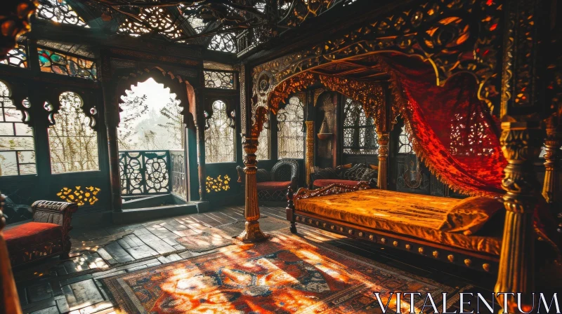 Exquisite Bedroom with Golden Bed, Forest View, and Intricate Carvings AI Image