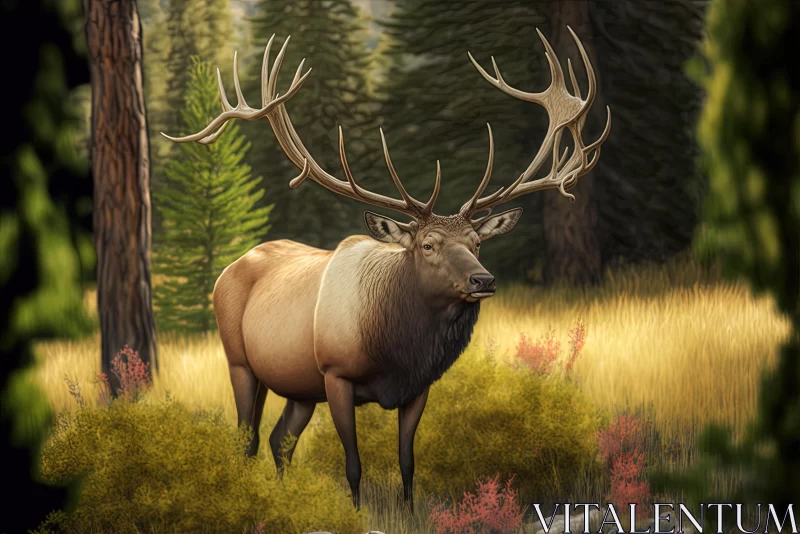 Majestic Elk in the Woods: Hyper-Detailed Rendering AI Image