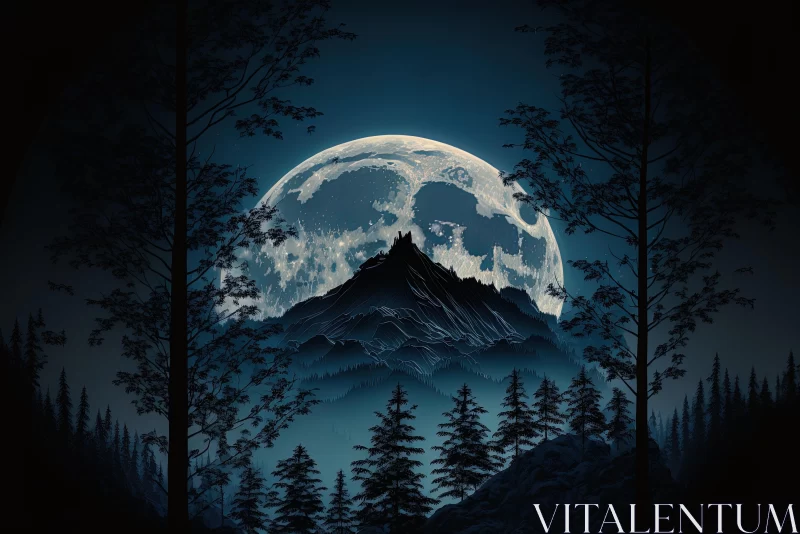 Mountain and Moon Silhouetted in the Forest - Hyper-Detailed Rendering AI Image