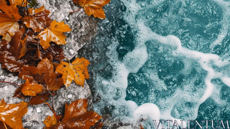 Serene Autumn Leaves on Stone Surface with Water AI Image