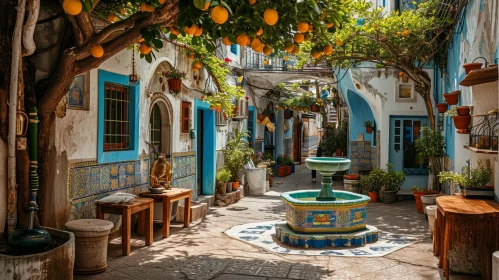 Serene Courtyard with Fountain and Orange Trees