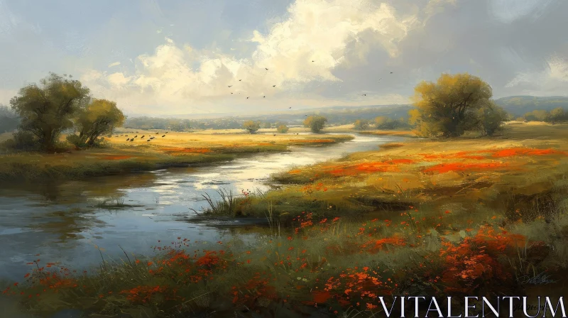 Serene Landscape Painting of a Flowing River in a Lush Valley AI Image