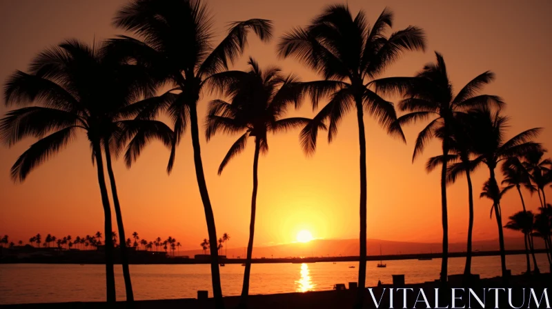 Serene Sunset Scene with Coconut Trees by Hawaiian Beach AI Image