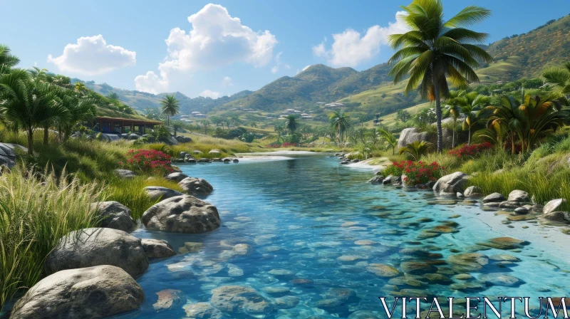 AI ART Serene Tropical Landscape: Blue River, Palm Trees, and Mist-Covered Mountains