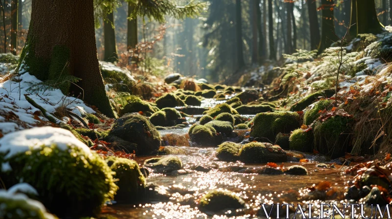 Tranquil Forest Stream: A Captivating Nature Scene AI Image