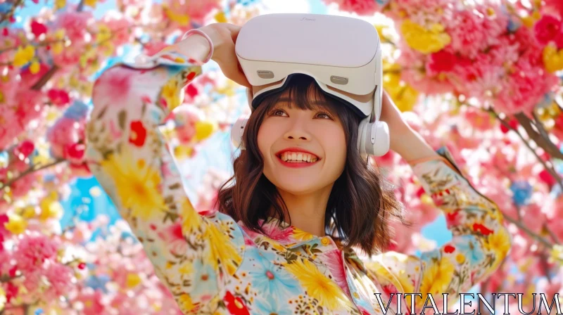 Young Woman in Virtual Reality with Cherry Blossoms AI Image