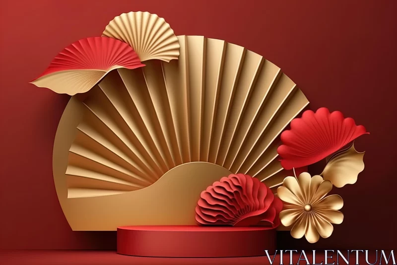 Art Deco Style Paper Flower Holder: Oriental Paper Ingot Fan - Golden Age Aesthetics AI Image