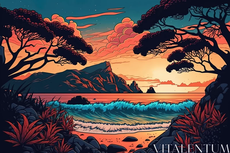 Captivating Sunset Seascape Illustration with Vivid Colors and Detailed Foliage AI Image