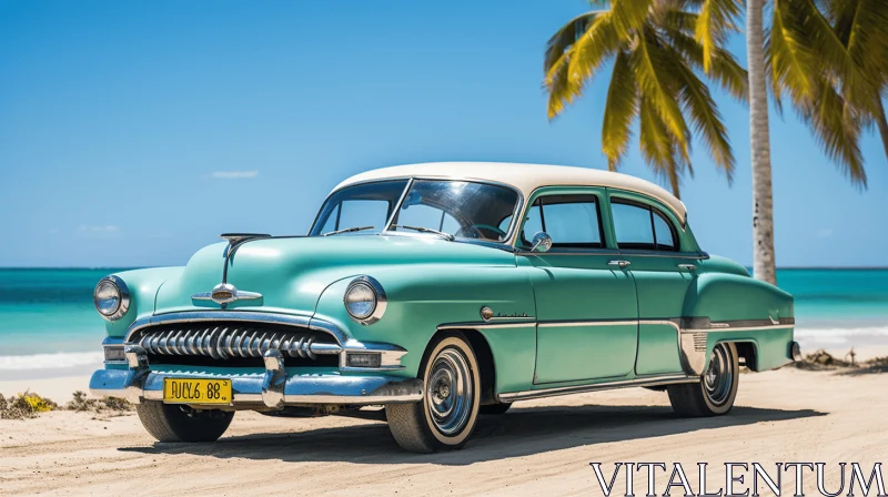 Classic Blue Car Parked on the Beach | Baroque Energy AI Image