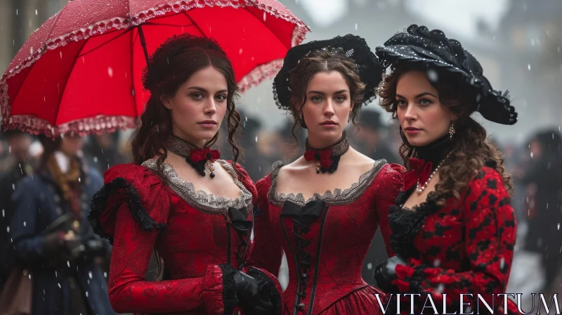 Enigmatic Scene: Three Women in Red Dresses Walking in the Rain AI Image