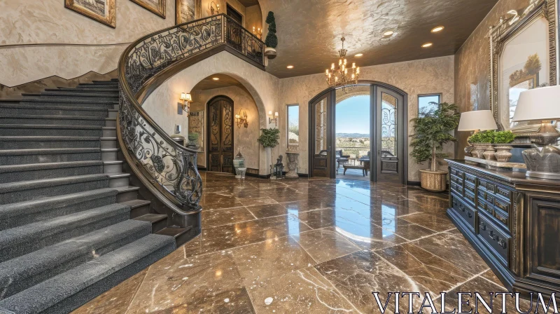 Exquisite Architecture: Luxurious Foyer with Curved Staircase and Marble Floor AI Image