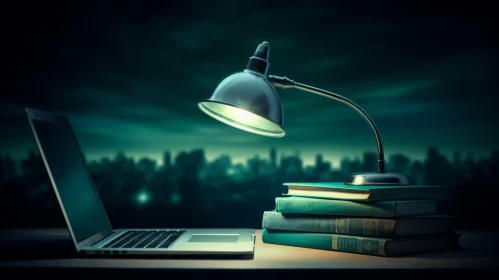Illuminate Your Workspace: Laptop Desk Scene with Lamp and Books