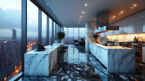Modern Kitchen with Marble Island and City Skyline View