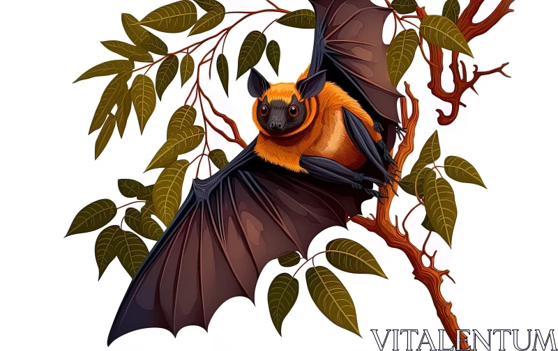 Mysterious Bat with Black and Orange Wings on Branch AI Image