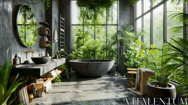 Serene Bathroom with Round Stone Bathtub and Natural Light AI Image