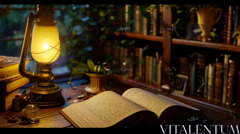 Vintage Study with Wooden Desk, Old Lamp, and Stack of Books AI Image